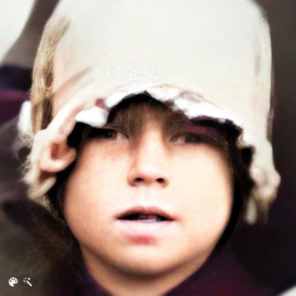 Young girl with hat that covers her head and comes to her eyebrows.