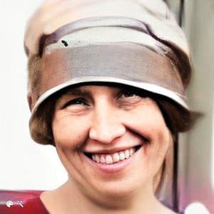 A woman with a big smile, wearing a beige cloche hat.