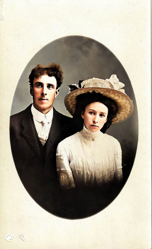 Portrait of a young couple. They are dressed up in clothes from the past.
