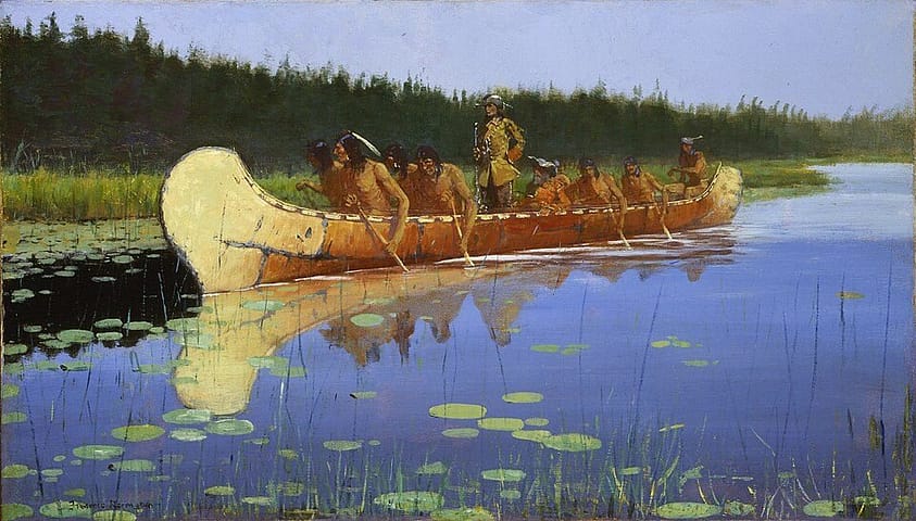 An image of a canoe with coureur des bois travelling on water.