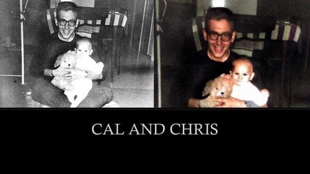 Two pictures of a man holding a baby. One is black and white the other is in colour.