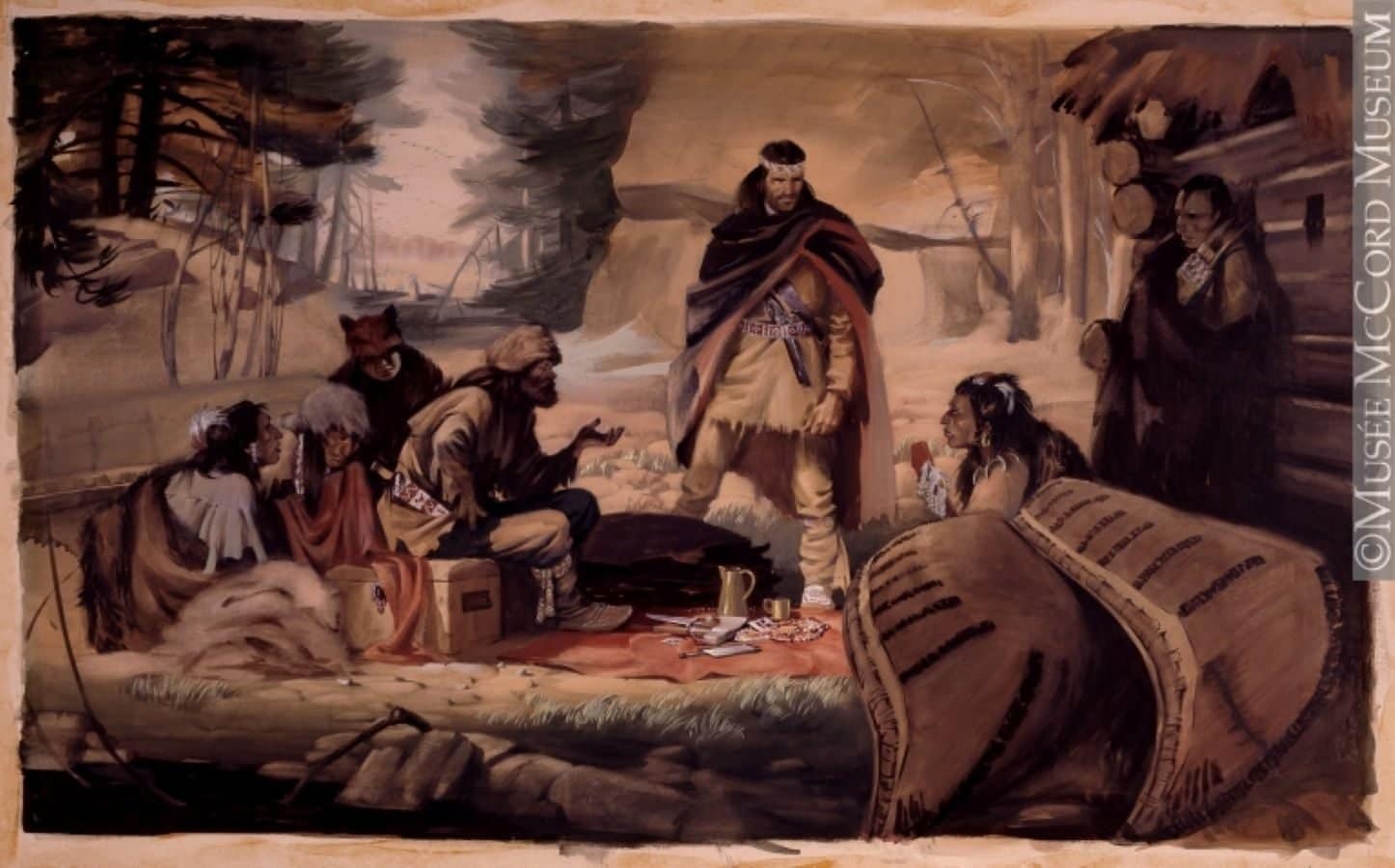 An ancient photo depicting Des Groseillier our ancestor communicating with Canadian Natives.
